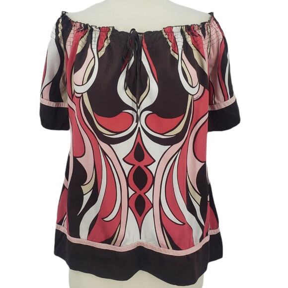 Bebe 100% Silk Off Shoulder Gathered Tie Neck Print Blouse Shirt Top - Picture 1 of 7
